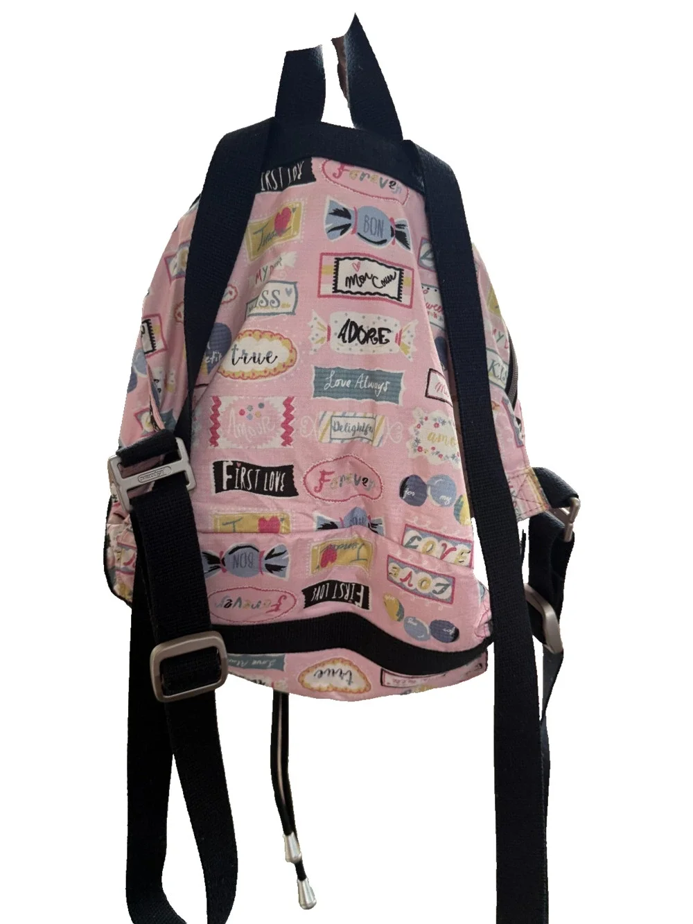 LeSportsac Small Mini Backpack Love Print Cinch Top Snap Closure Zipped Pockets